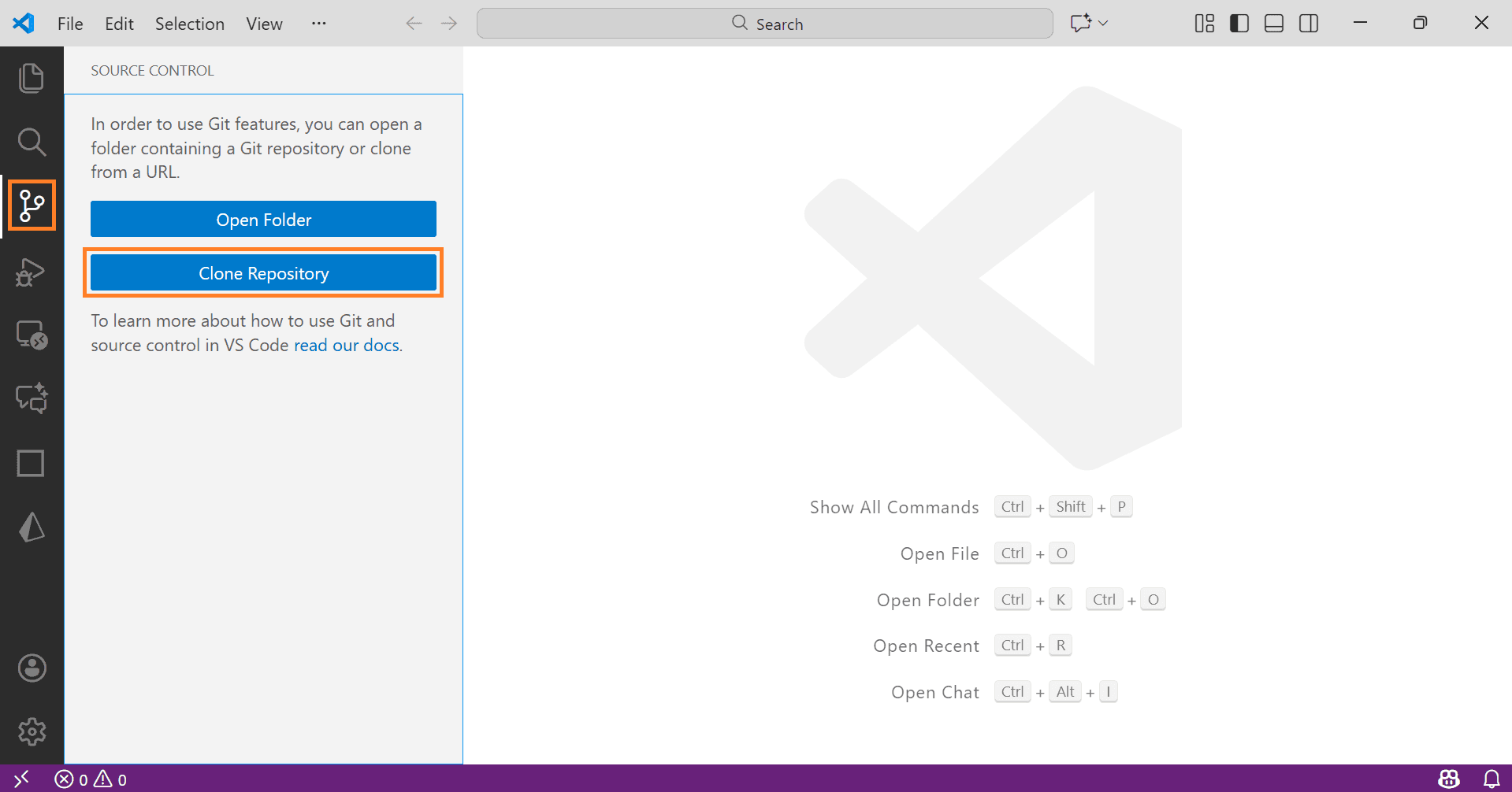 VS Code editor with clone repository option highlighted