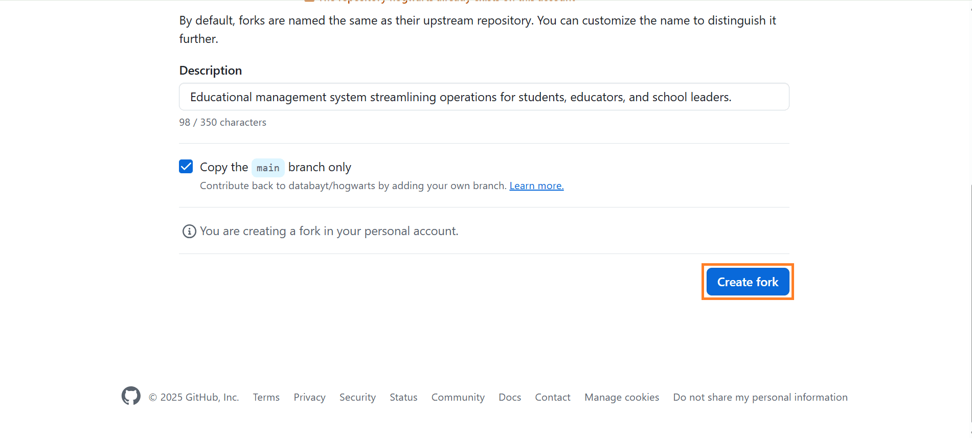 Create fork dialog with repository name and settings