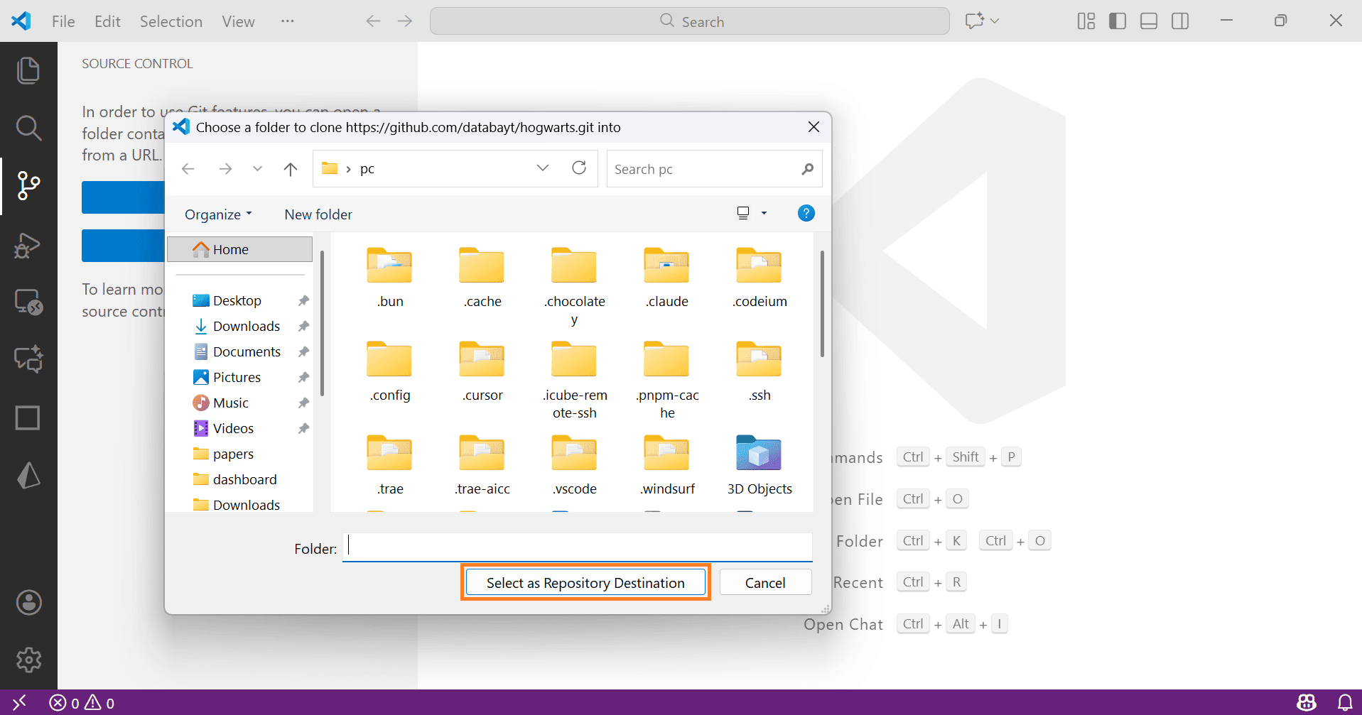 File explorer showing directory selection for cloning